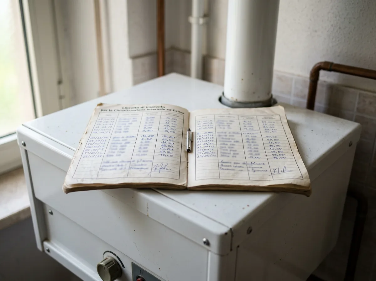 Libretto di impianto cartaceo con le pagine compilate a penna, appoggiato sopra una caldaia murale bianca in un locale domestico