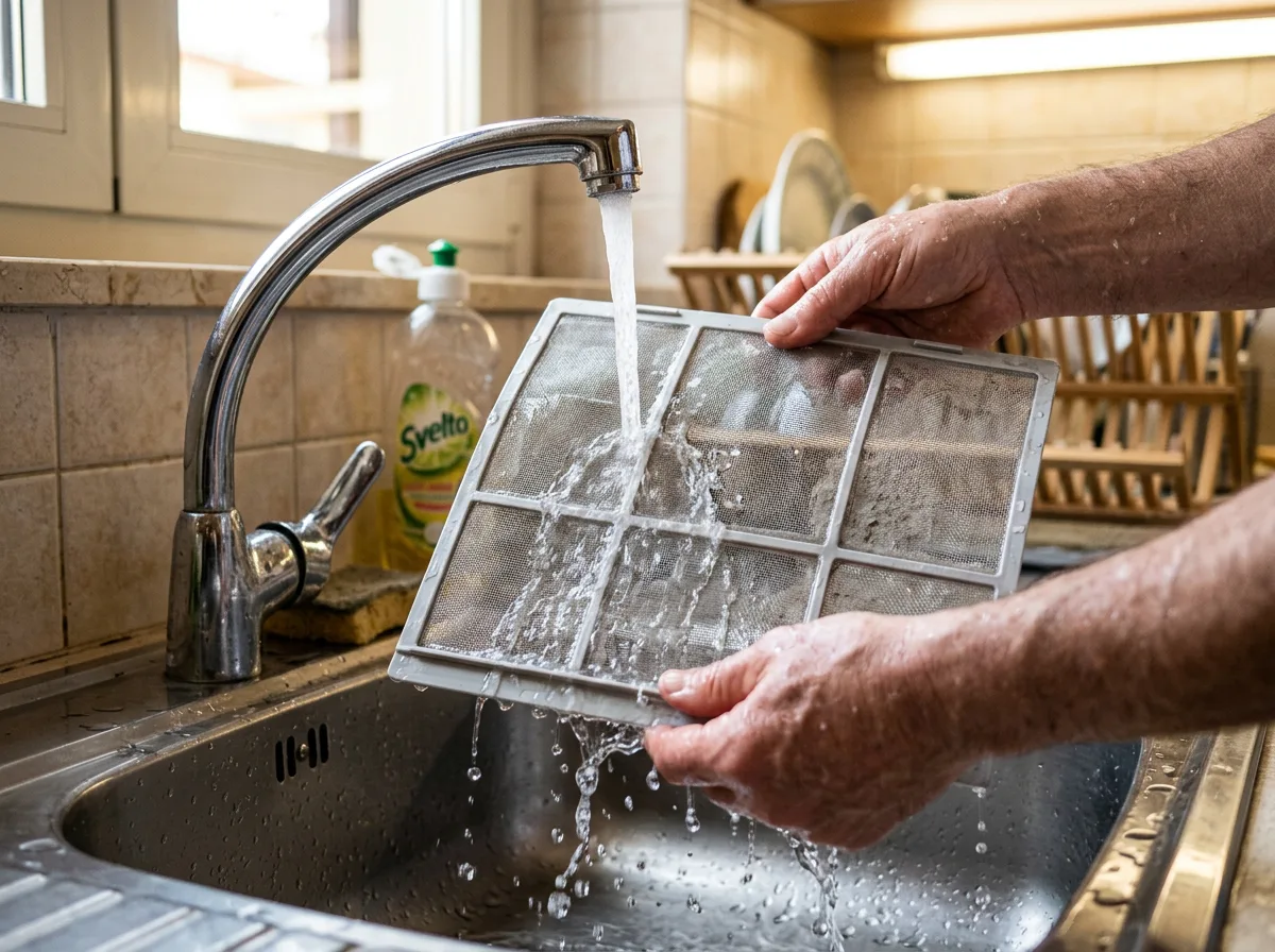 Mani che sciacquano il filtro a rete di un condizionatore sotto l'acqua corrente nel lavandino di casa, con le gocce che scorrono sulla griglia