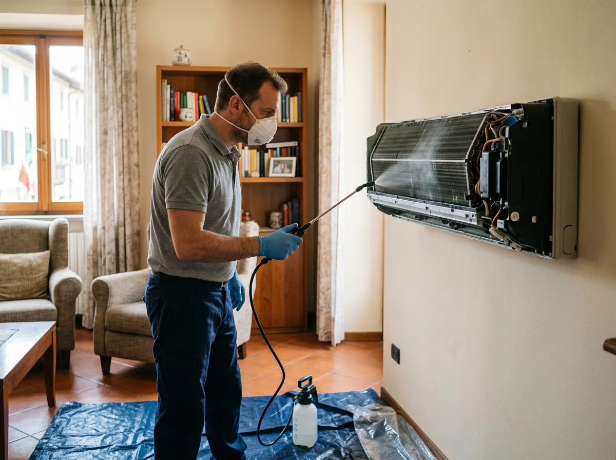 Tecnico che nebulizza un prodotto igienizzante all'interno di un'unità split aperta, con le batterie alettate a vista e i teli protettivi sul pavimento