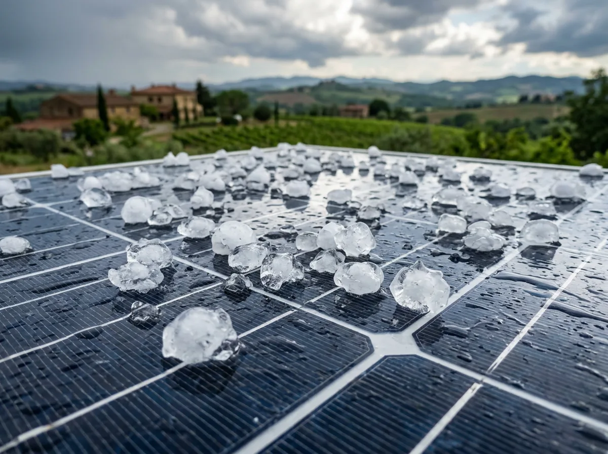 Chicchi di grandine posati sul vetro temperato di un pannello fotovoltaico rimasto integro dopo un temporale, ripresi da vicino