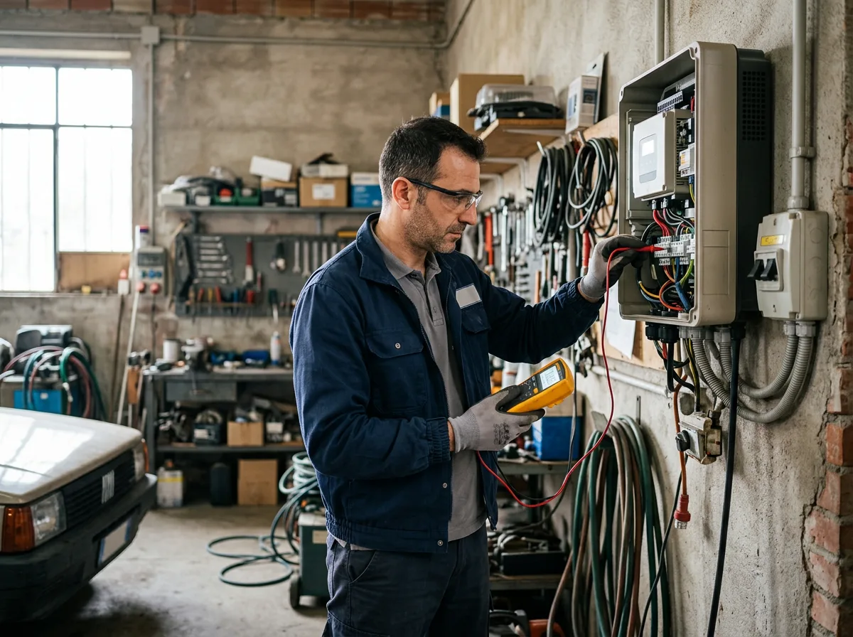 Tecnico che verifica con un multimetro il funzionamento di un inverter fotovoltaico installato a parete nel garage di un'abitazione