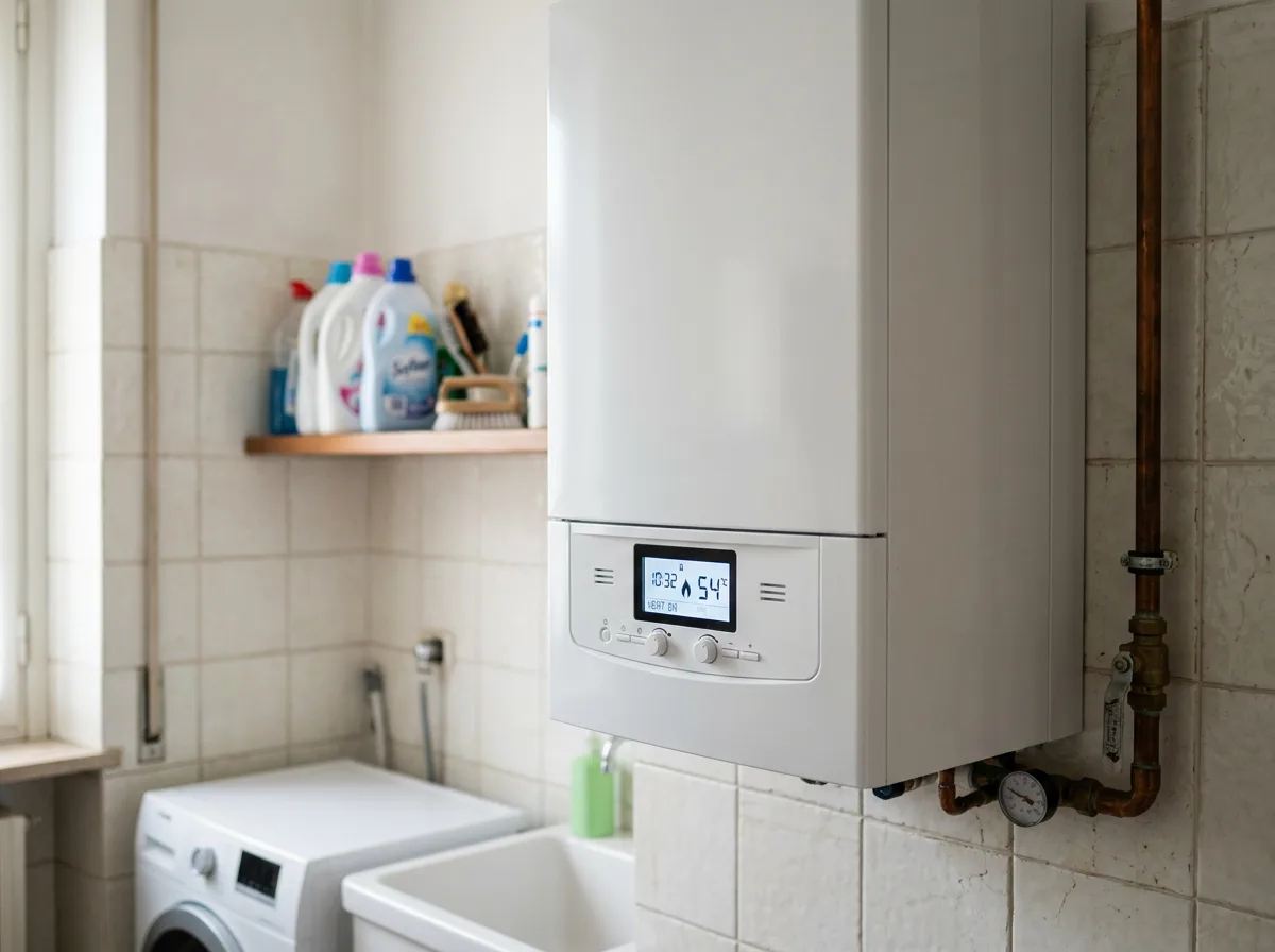 Primo piano di una caldaia a condensazione murale bianca dal design moderno, con display digitale acceso, installata su una parete piastrellata