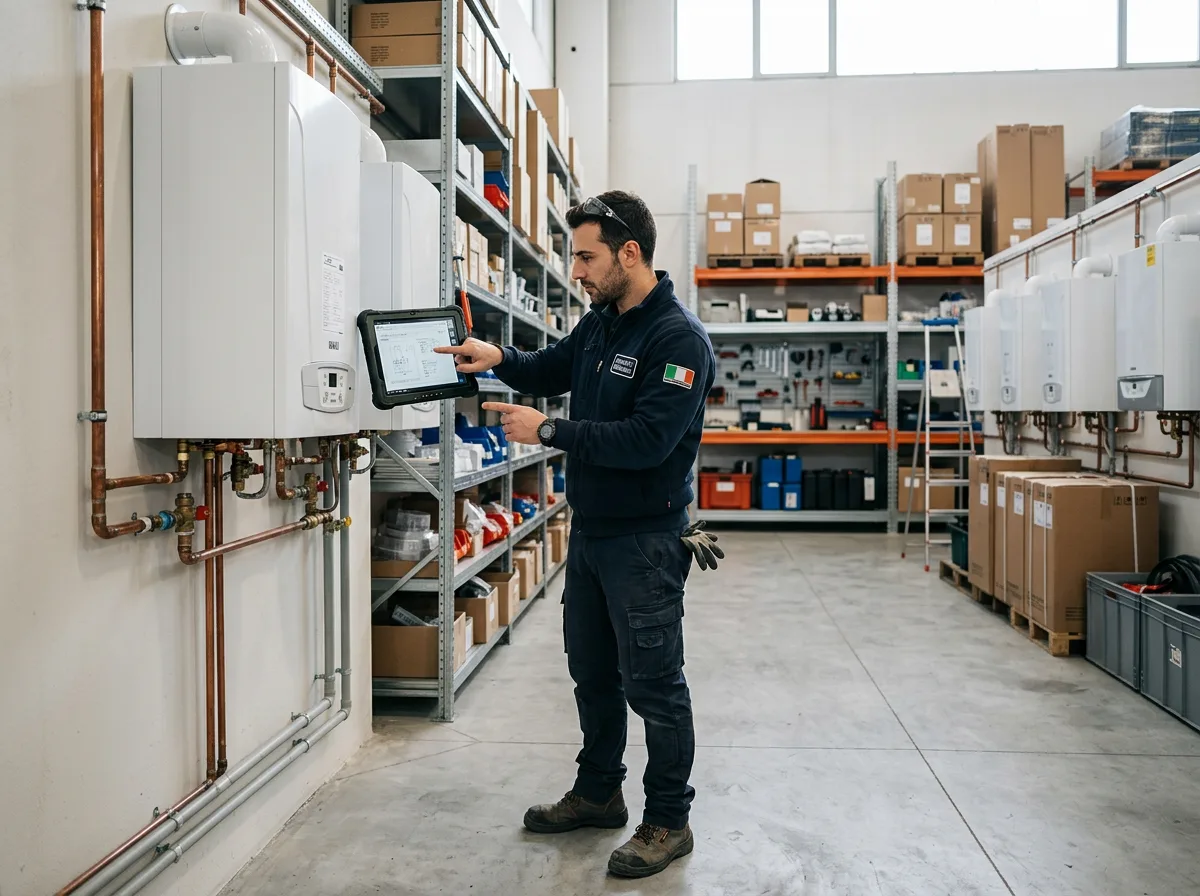 Tecnico con un tablet in mano confronta le schede tecniche di due caldaie murali esposte in un magazzino ordinato, con luce industriale morbida