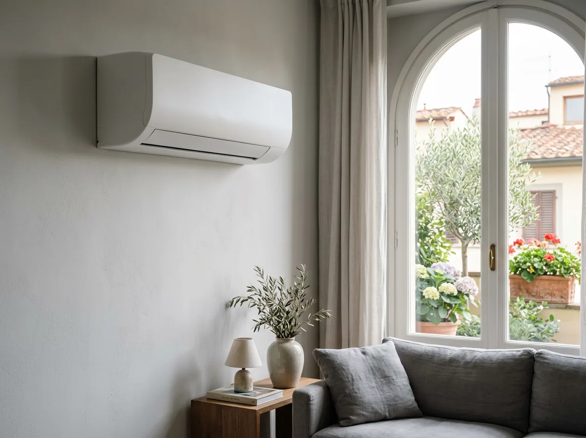 Dettaglio ravvicinato di un'unità interna split dal design moderno e minimale, montata sulla parete grigio chiaro di un soggiorno