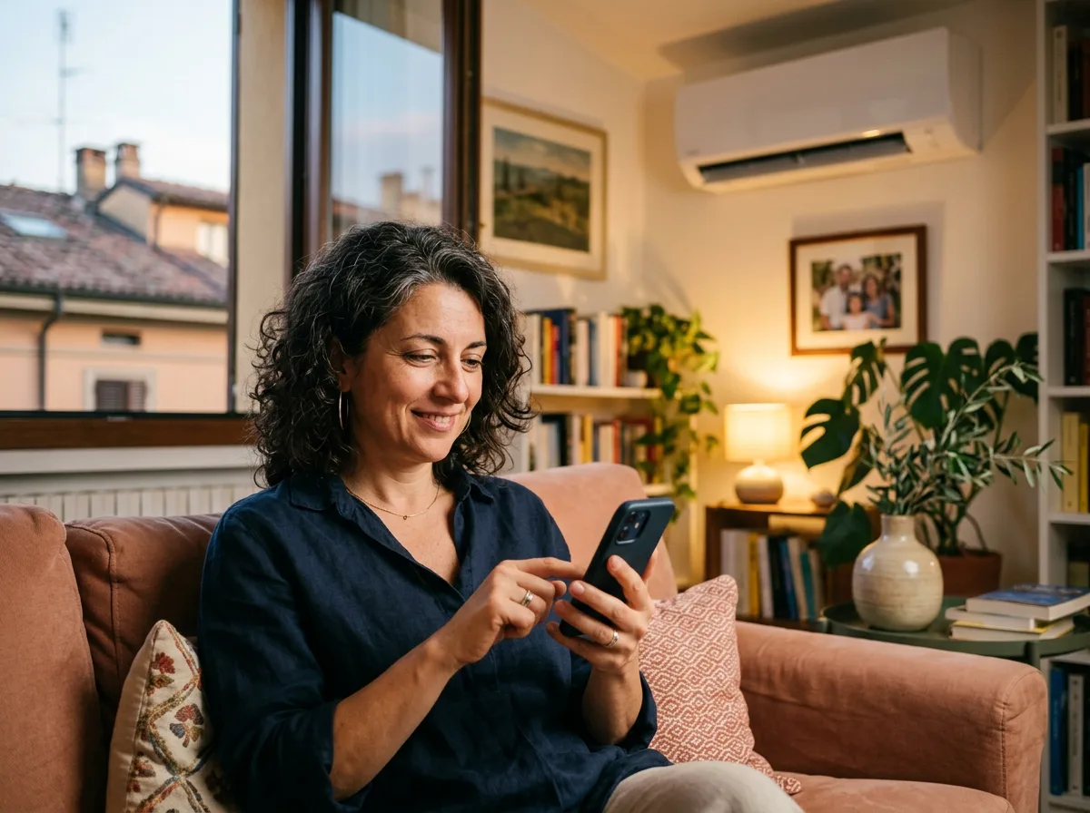 Una donna sui 40 anni regola il climatizzatore dallo smartphone, seduta sul divano di casa, con lo split a parete sullo sfondo