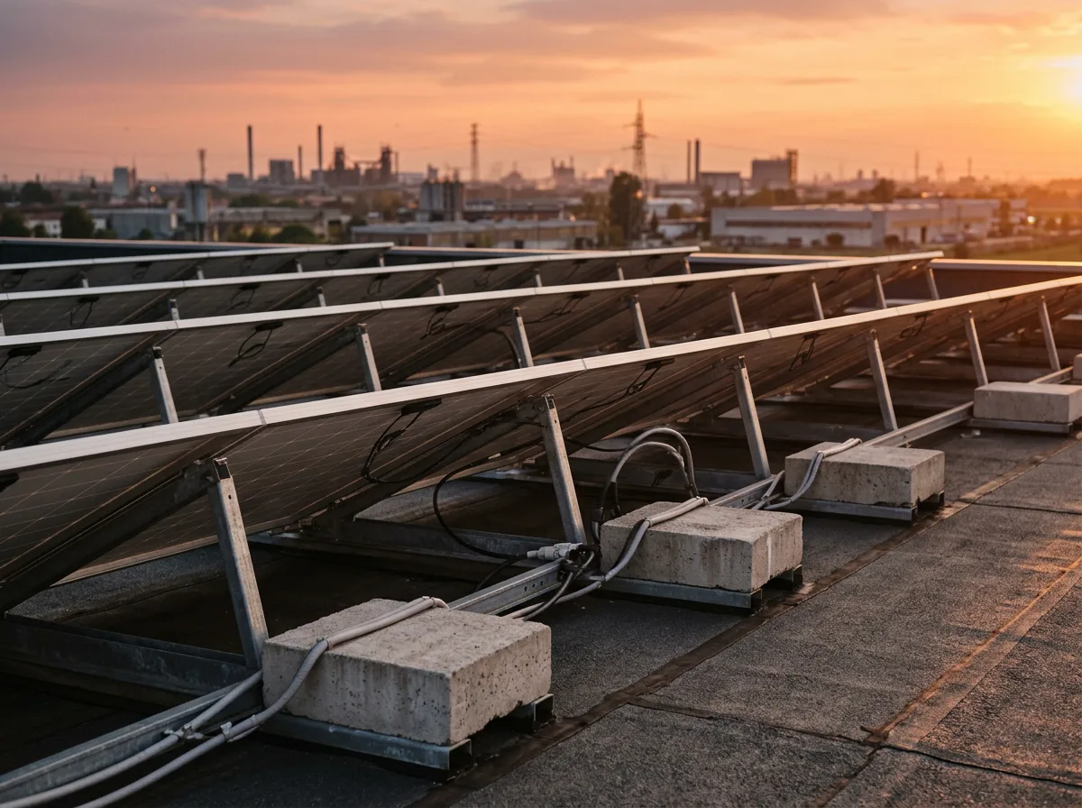 Impianto fotovoltaico su tetto piano industriale con strutture zavorrate, ripreso da vicino al tramonto, con lo skyline industriale della pianura padana sullo sfondo