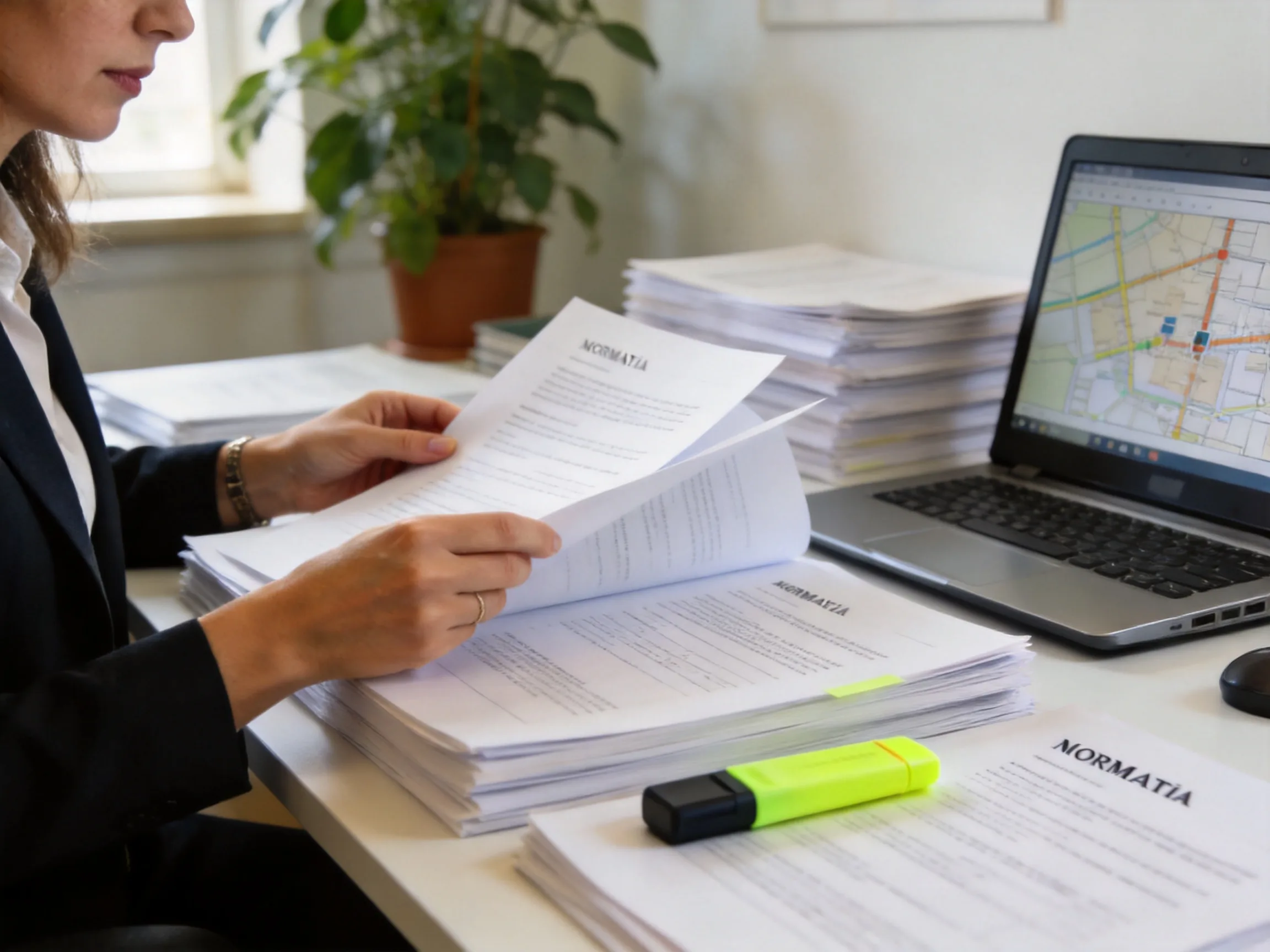 Scrivania di uno studio professionale con documenti normativi impilati, evidenziatore, computer portatile e una pianta da ufficio