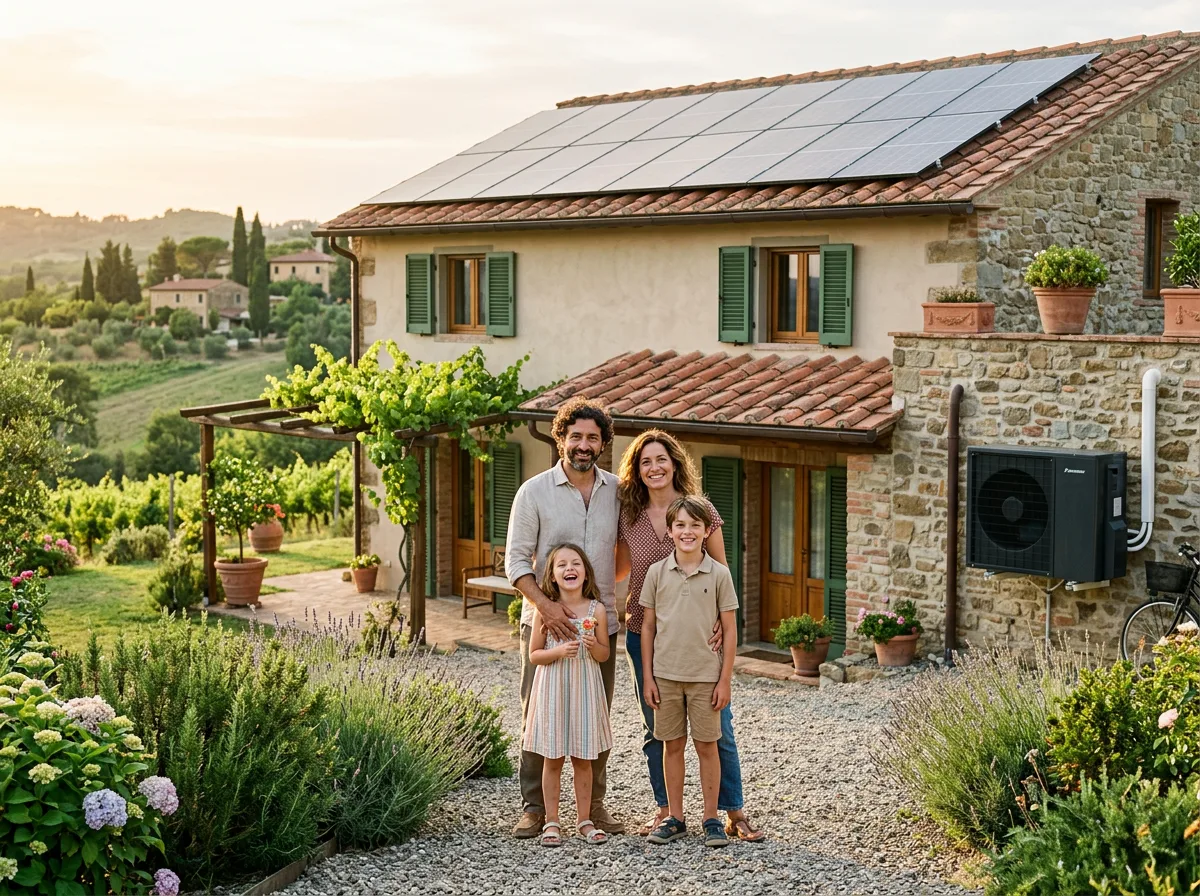 Famiglia con due figli davanti alla propria casa ristrutturata, con i pannelli fotovoltaici sul tetto e la pompa di calore installata a lato