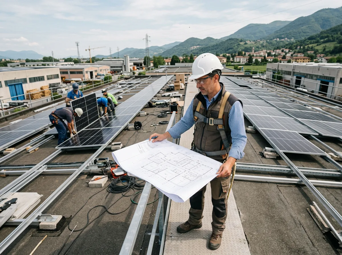 Geometra con caschetto consulta la planimetria sul tetto di un capannone industriale per verificare l'obbligo fotovoltaico
