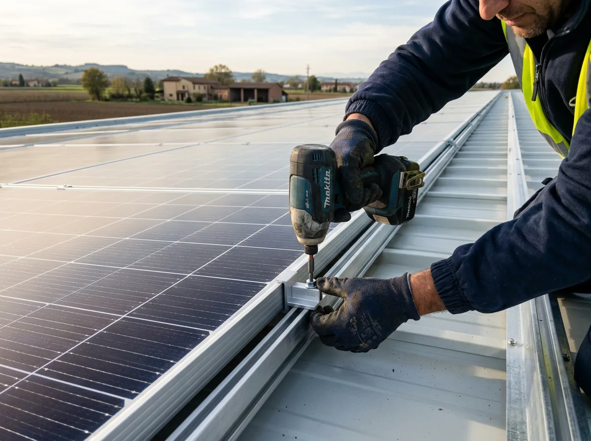 Installatore fissa i moduli fotovoltaici sulla lamiera grecata del tetto di un capannone nuovo per rispettare l'obbligo 2026