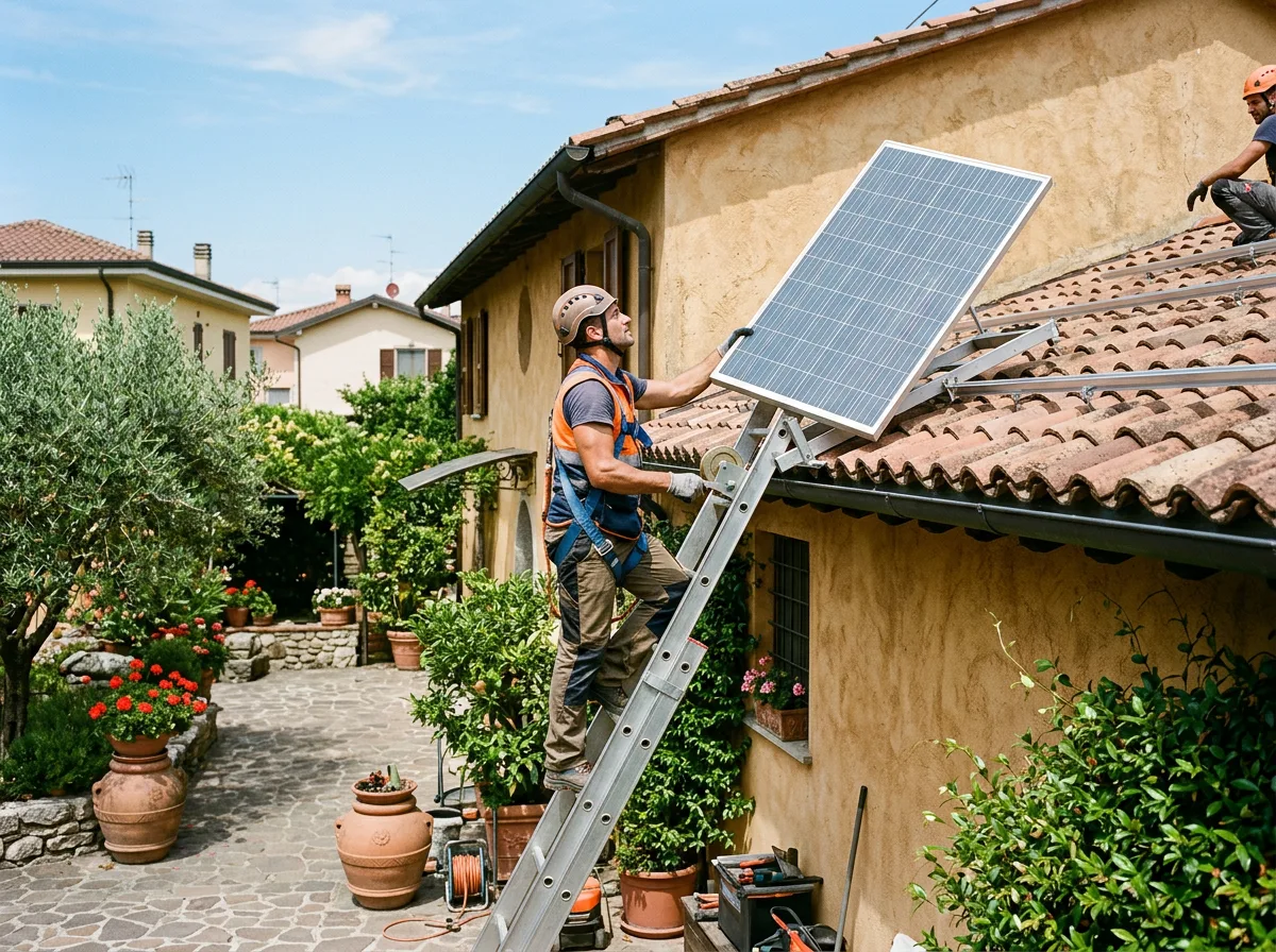 Un installatore solleva un pannello fotovoltaico verso il tetto con un montacarichi a scala, nel cortile di una villetta, in una giornata serena