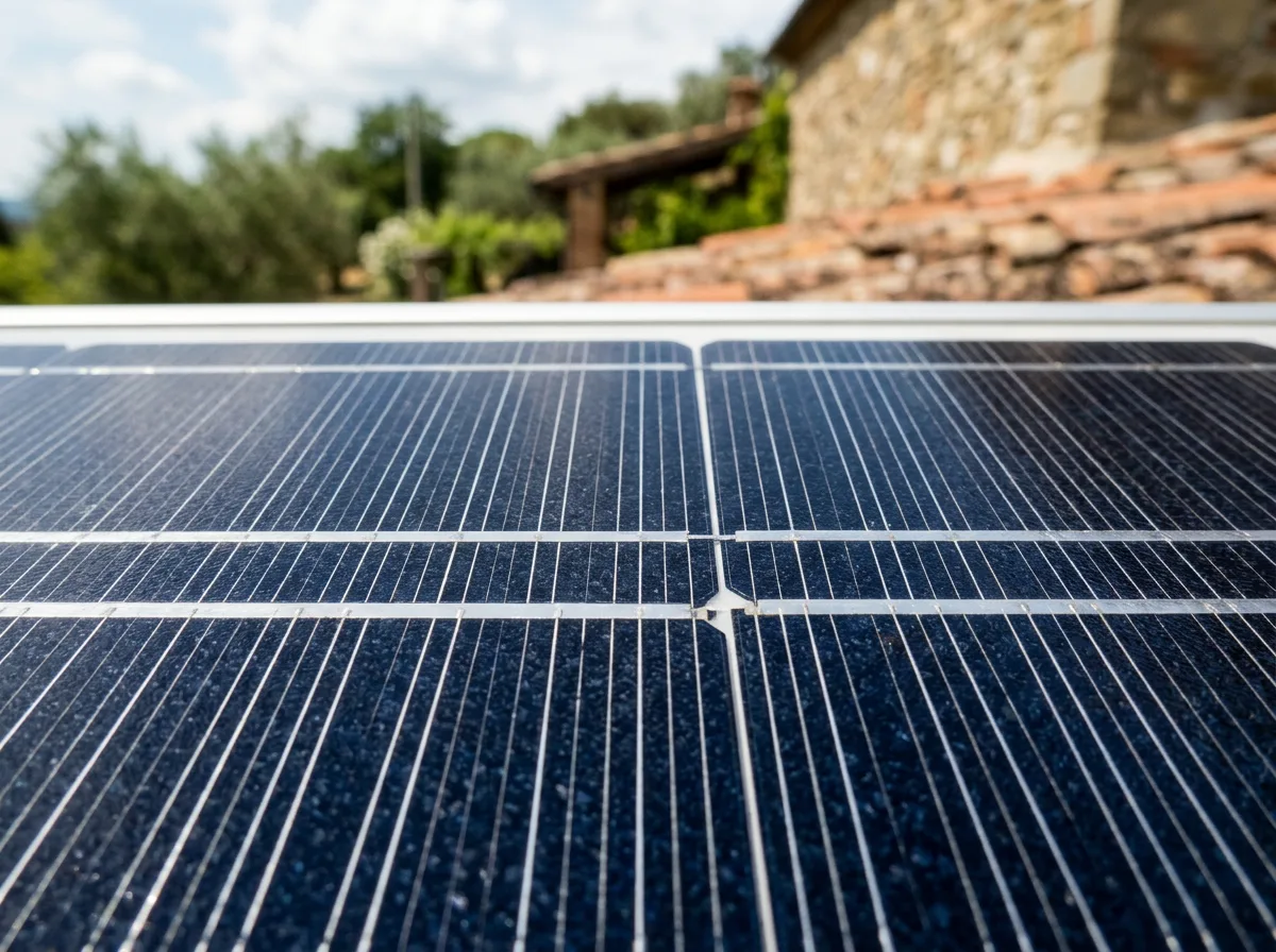 Dettaglio macro delle celle di un pannello fotovoltaico, con busbar sottili e superficie antiriflesso dalla texture blu-nera, in luce controllata