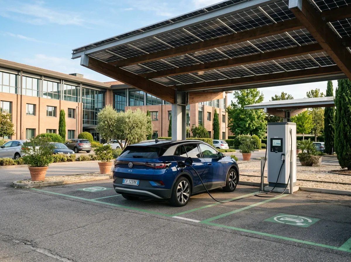 Auto elettrica in ricarica a una colonnina sotto una pensilina fotovoltaica, nel piazzale di un'azienda, con il cavo collegato in una giornata di sole