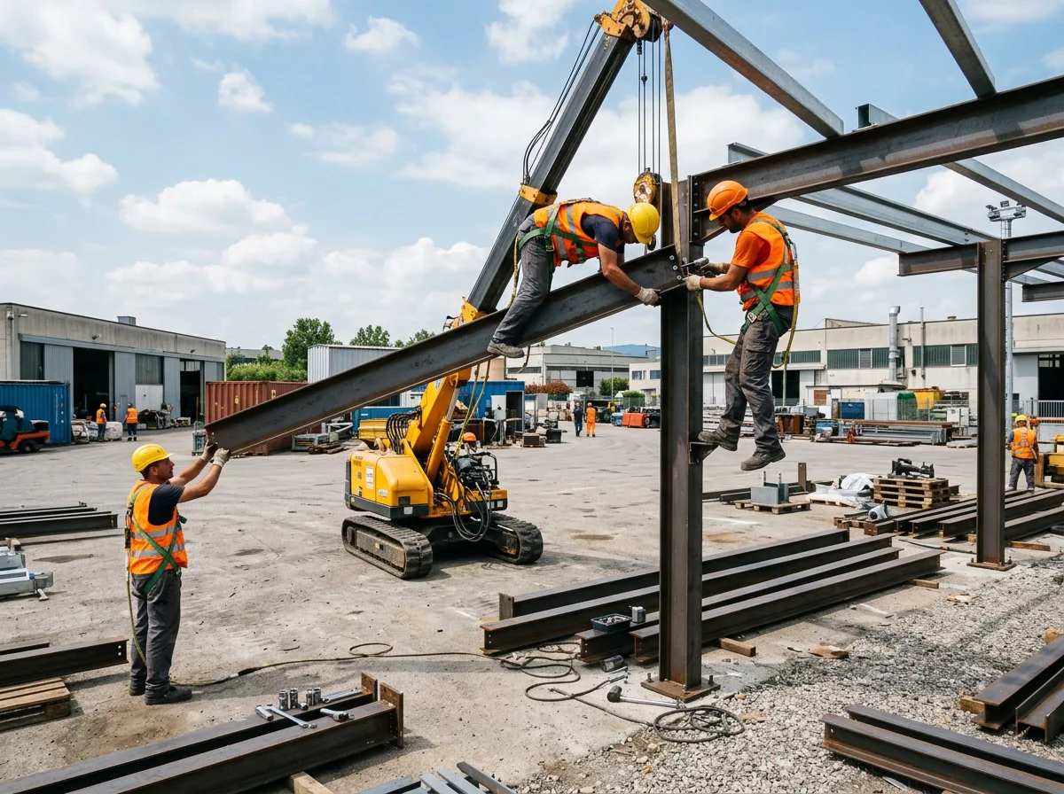 Operai montano la struttura in acciaio di una pensilina fotovoltaica in un piazzale industriale, con una piccola gru e le travi appoggiate a terra