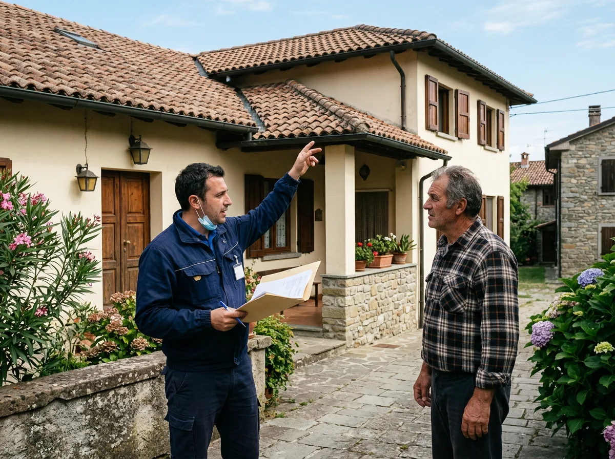 Un geometra con la cartellina in mano indica il tetto di una casa mentre parla con il proprietario, in una giornata di luce diurna