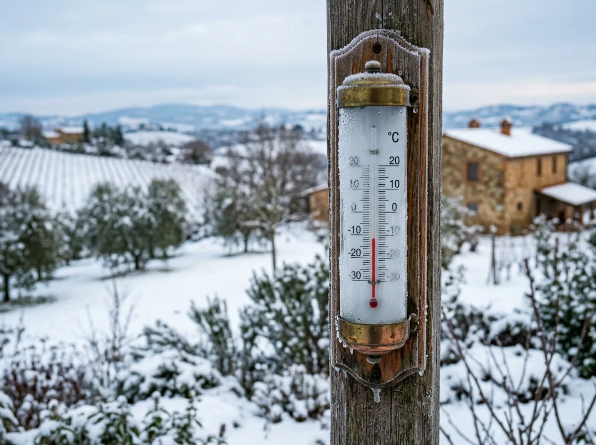 Macro di un termometro da esterno analogico coperto di brina che segna una temperatura sotto zero, con lo sfondo sfocato di un giardino innevato