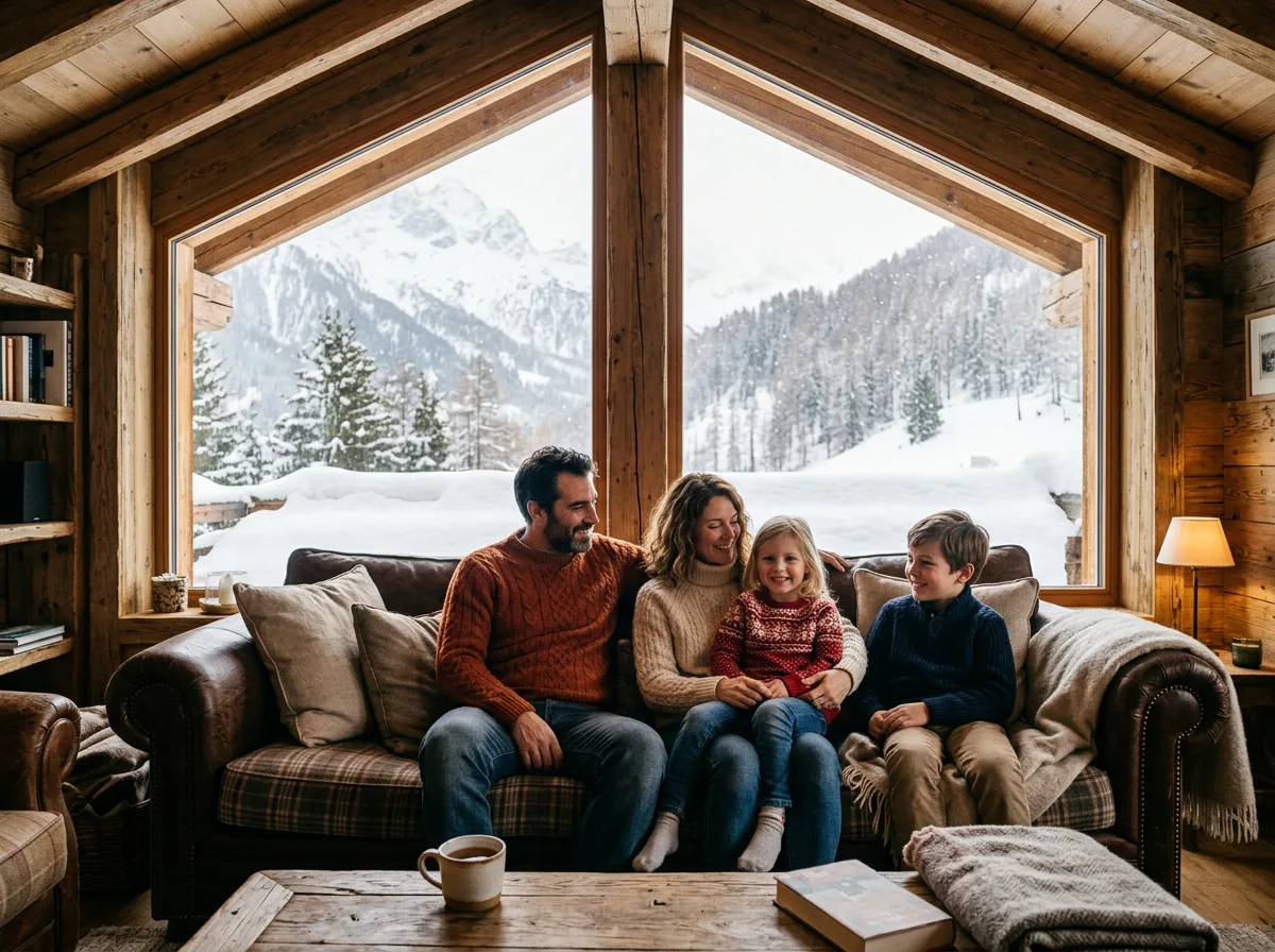 Interno accogliente di una baita ristrutturata, con una famiglia in maglione sul divano e una grande vetrata che affaccia sulla neve