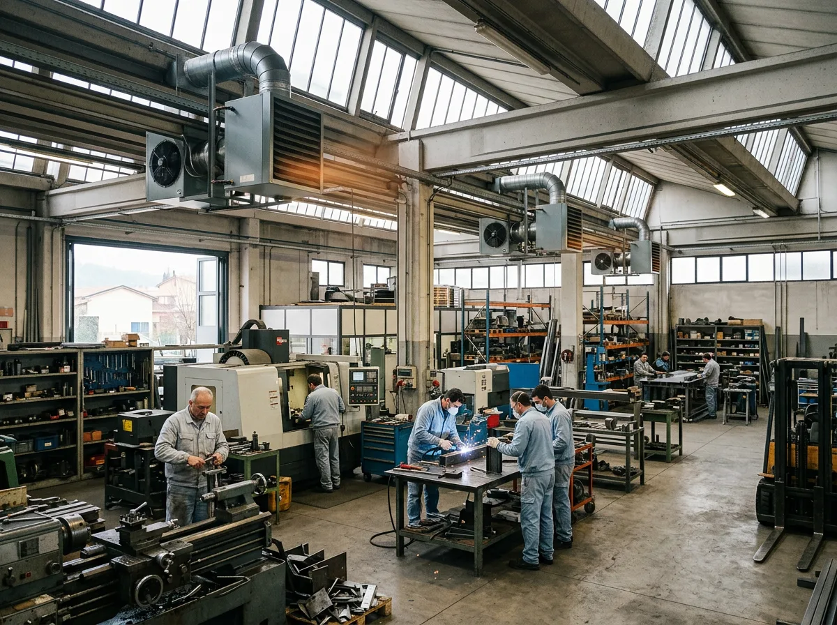 Interno di un capannone-officina riscaldato con aerotermi a soffitto, con operai in abiti da lavoro impegnati in condizioni di comfort termico