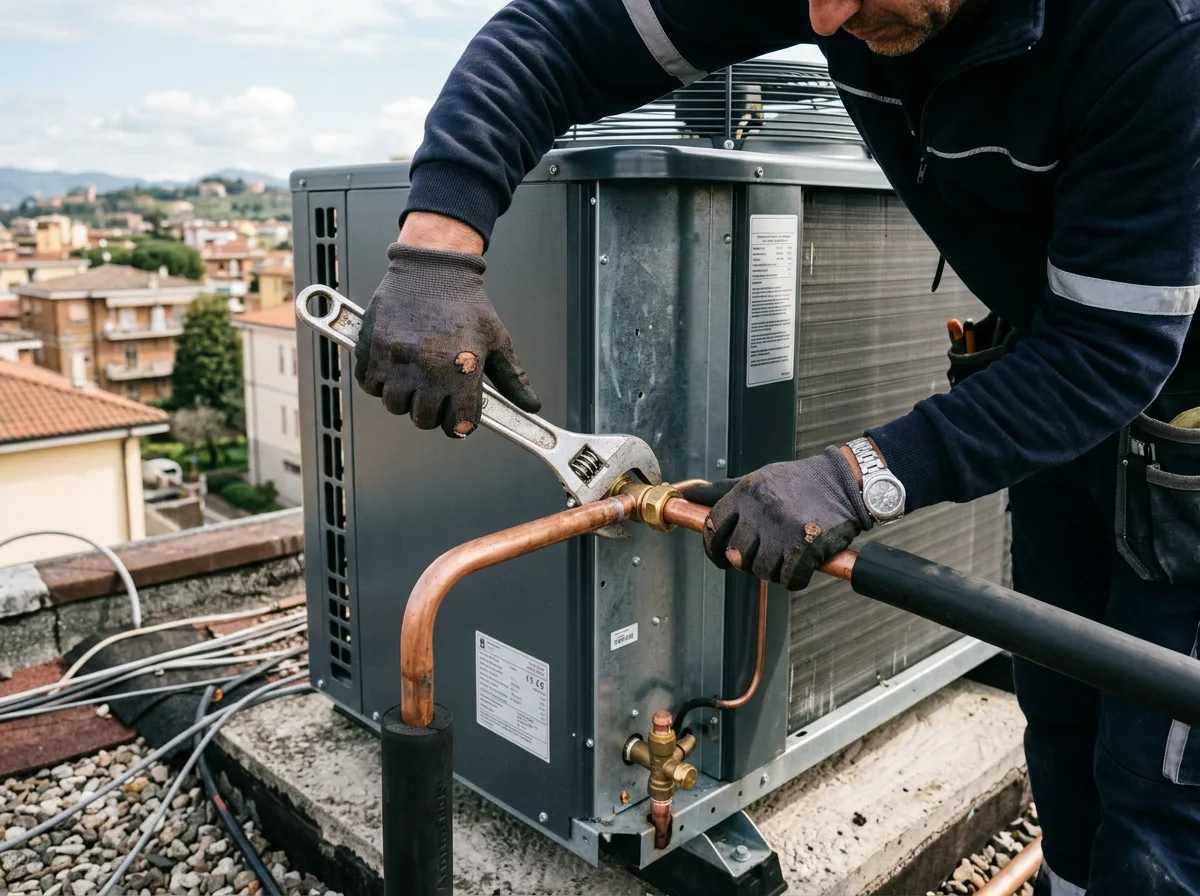 Installatore che collega le tubazioni frigorifere di una grande unità esterna a pompa di calore, in un dettaglio ravvicinato delle mani con la chiave inglese