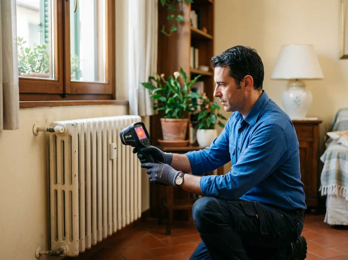 tecnico con termocamera che misura la temperatura superficiale di un termosifone in un appartamento, schermo dello strumento sfocato