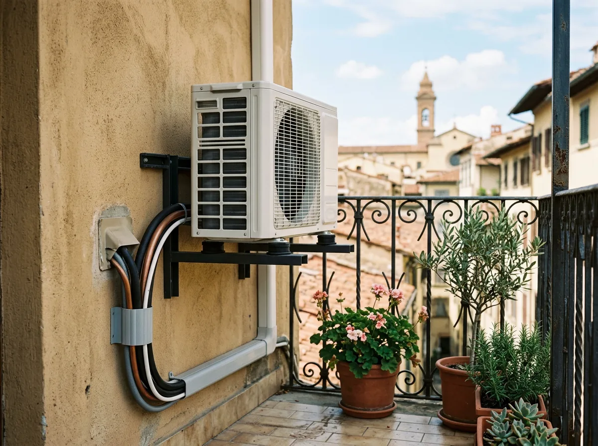 unità esterna compatta installata con staffe antivibranti sul balcone di un appartamento italiano, ringhiera in ferro, piante in vaso