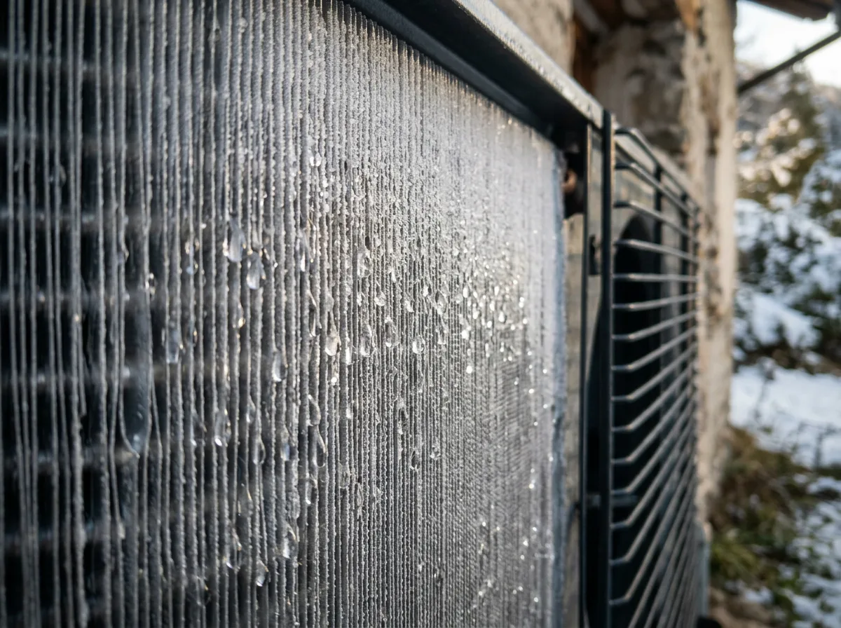 dettaglio della batteria alettata di una pompa di calore esterna con sottile strato di brina che si scioglie, gocce d'acqua, luce radente