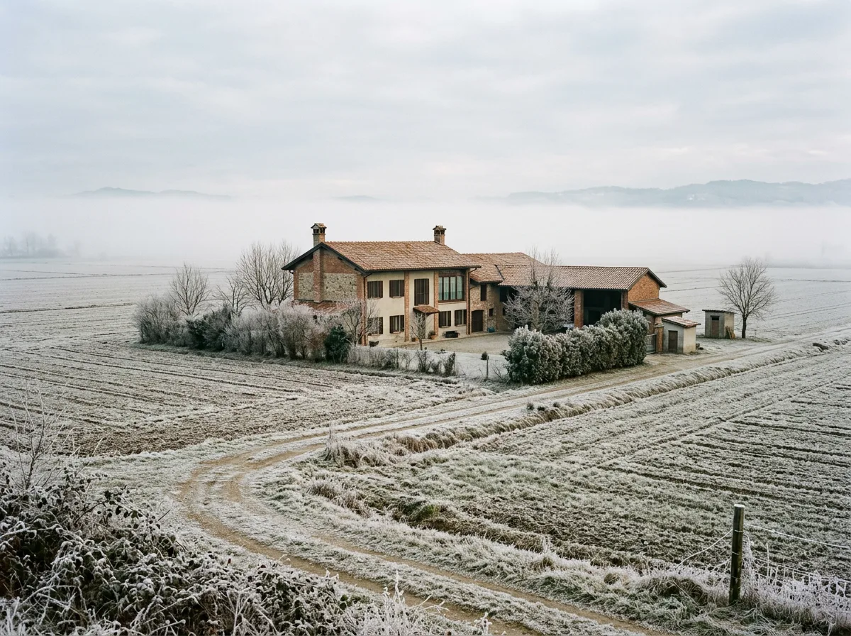 paesaggio della pianura padana d'inverno con cascina ristrutturata, campi brinati e nebbia bassa all'orizzonte, comignoli senza fumo