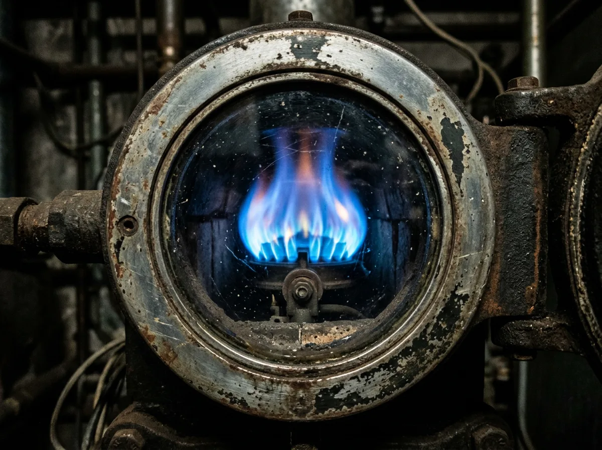 Fiamma blu di una vecchia caldaia a gas vista dallo spioncino: il costo del metano è il primo termine di confronto tra pompa di calore e caldaia