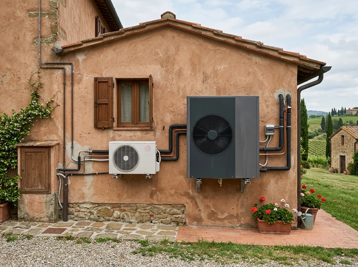due unità esterne affiancate sul retro di una casa italiana, una piccola da climatizzatore e una più grande da pompa di calore aria-acqua