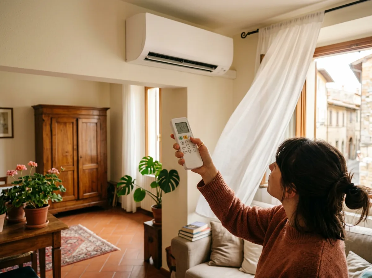 mano con telecomando che regola un climatizzatore a parete, aria calda suggerita da tenda leggera che si muove, interno domestico italiano