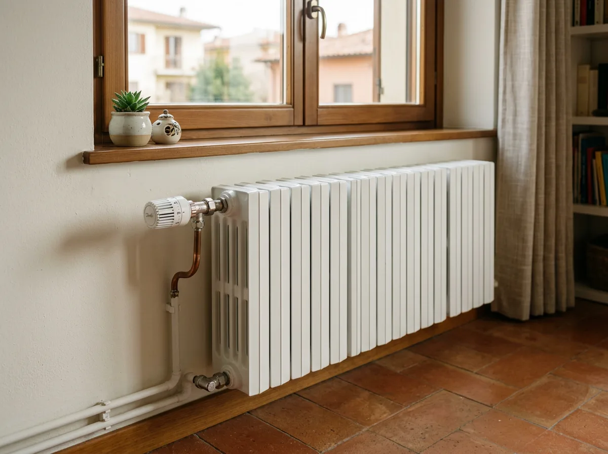 dettaglio di un radiatore in alluminio bianco sotto una finestra con valvola termostatica, luce naturale laterale, interno domestico