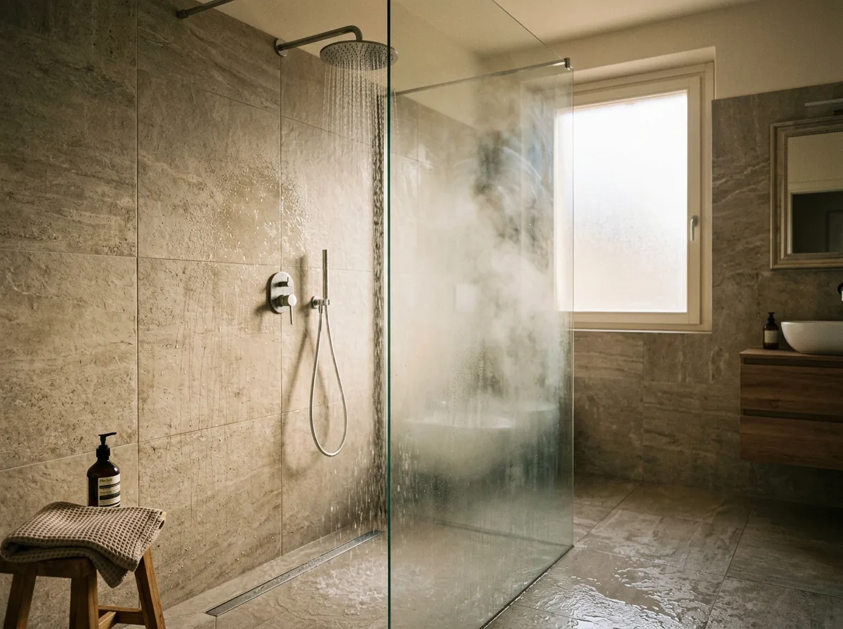 doccia moderna con acqua calda che scorre e vapore, bagno italiano ristrutturato con piastrelle grandi, luce calda accogliente