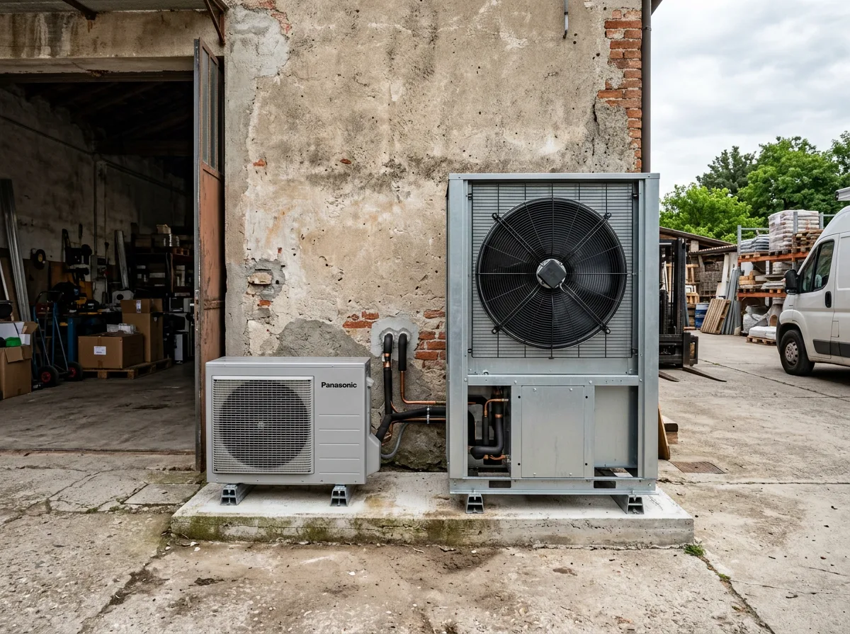 Due unità esterne di pompa di calore di taglia diversa affiancate nel piazzale di un magazzino di installazione, a confronto visivo delle dimensioni
