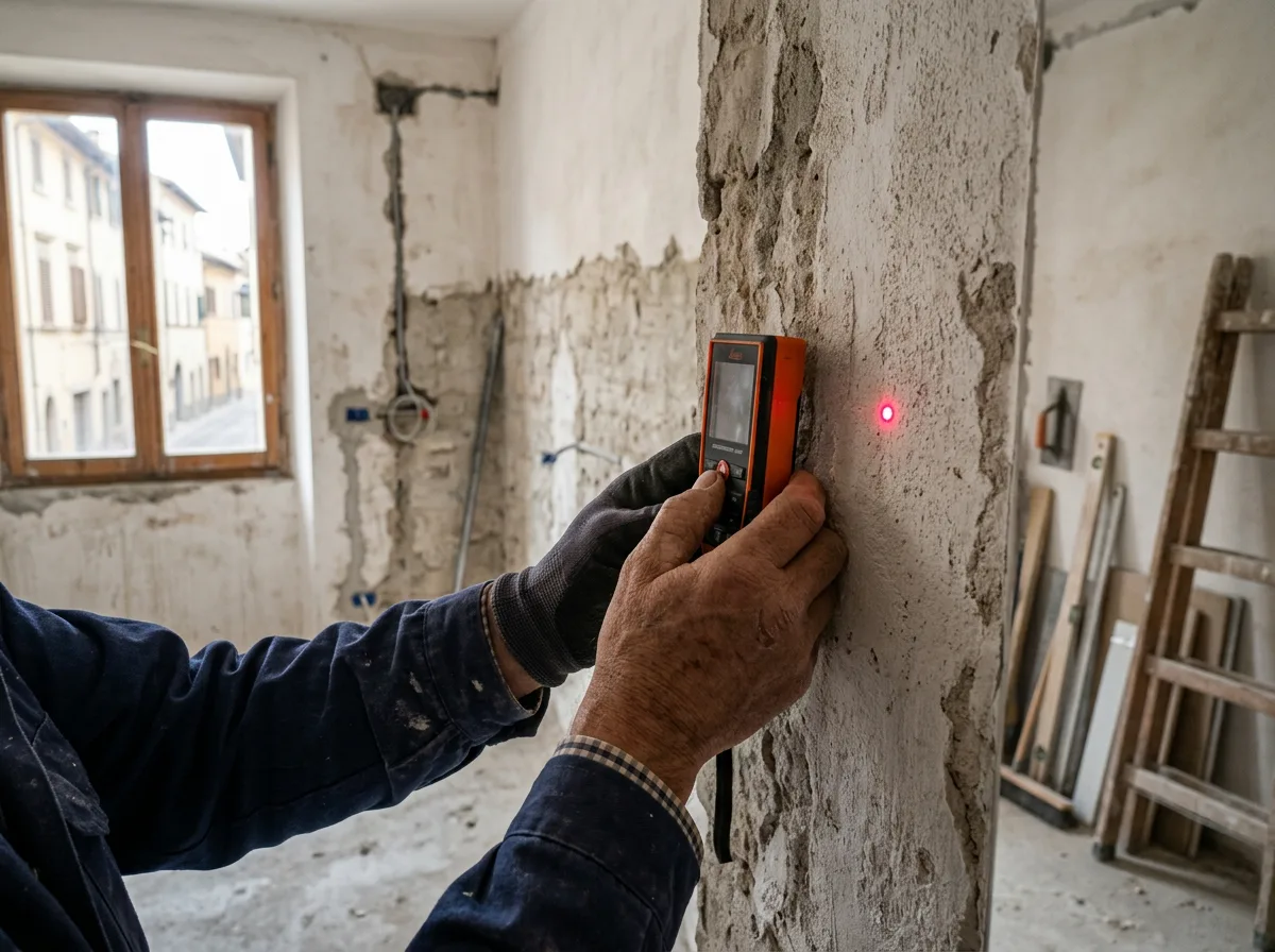 dettaglio di mani che misurano con metro laser la parete di una stanza vuota da ristrutturare, puntino laser visibile, cantiere domestico