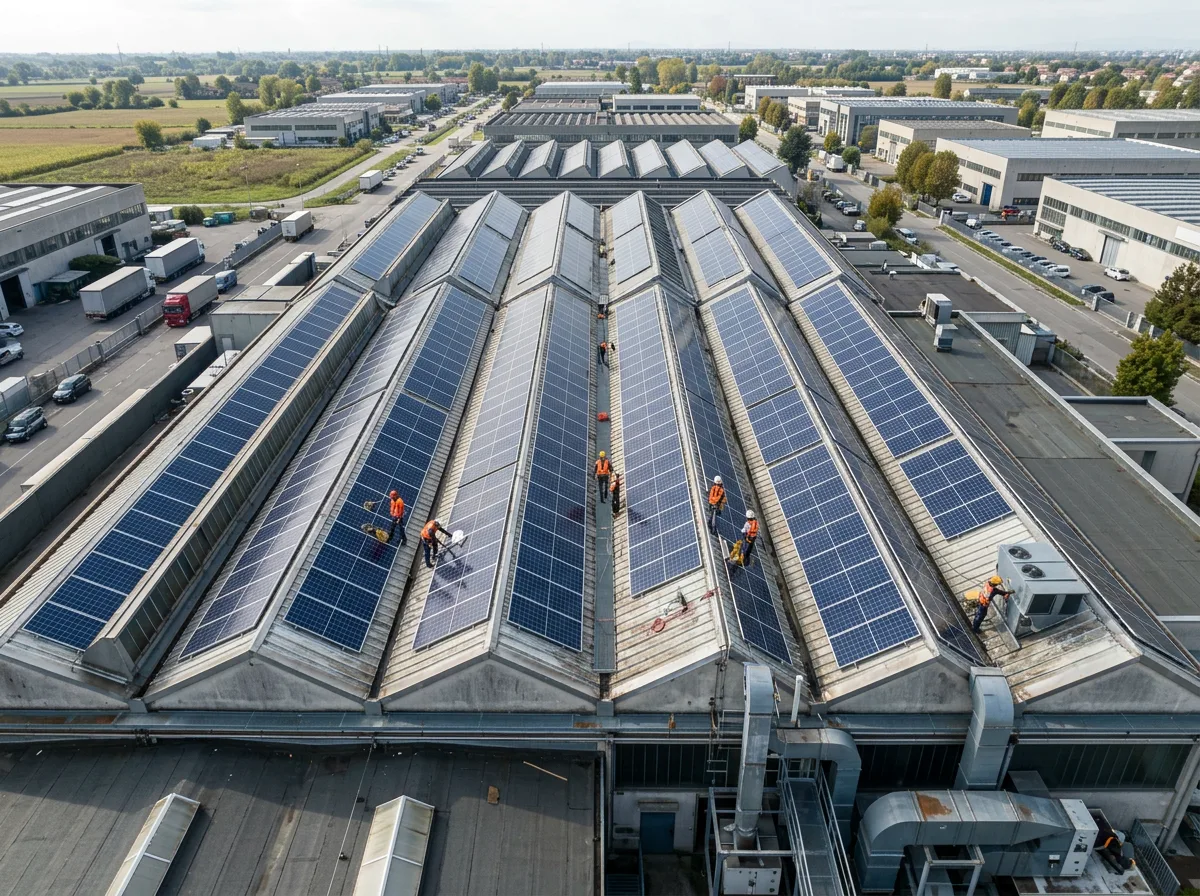 Veduta dall'alto di un grande tetto industriale a shed con pannelli fotovoltaici e operai al lavoro, in una zona industriale lombarda