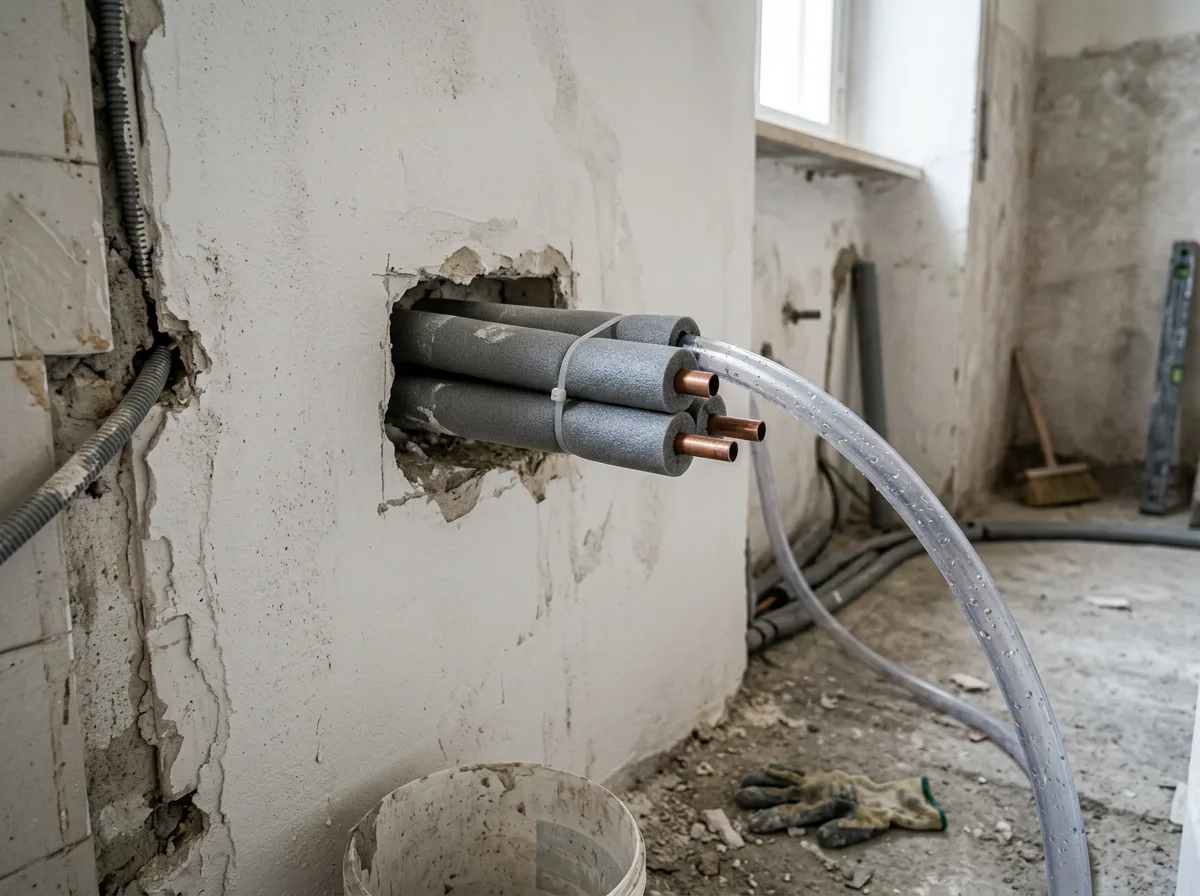 Tubazioni in rame coibentate e tubo di scarico della condensa che escono da una traccia a muro intonacata di fresco, in un cantiere di ristrutturazione