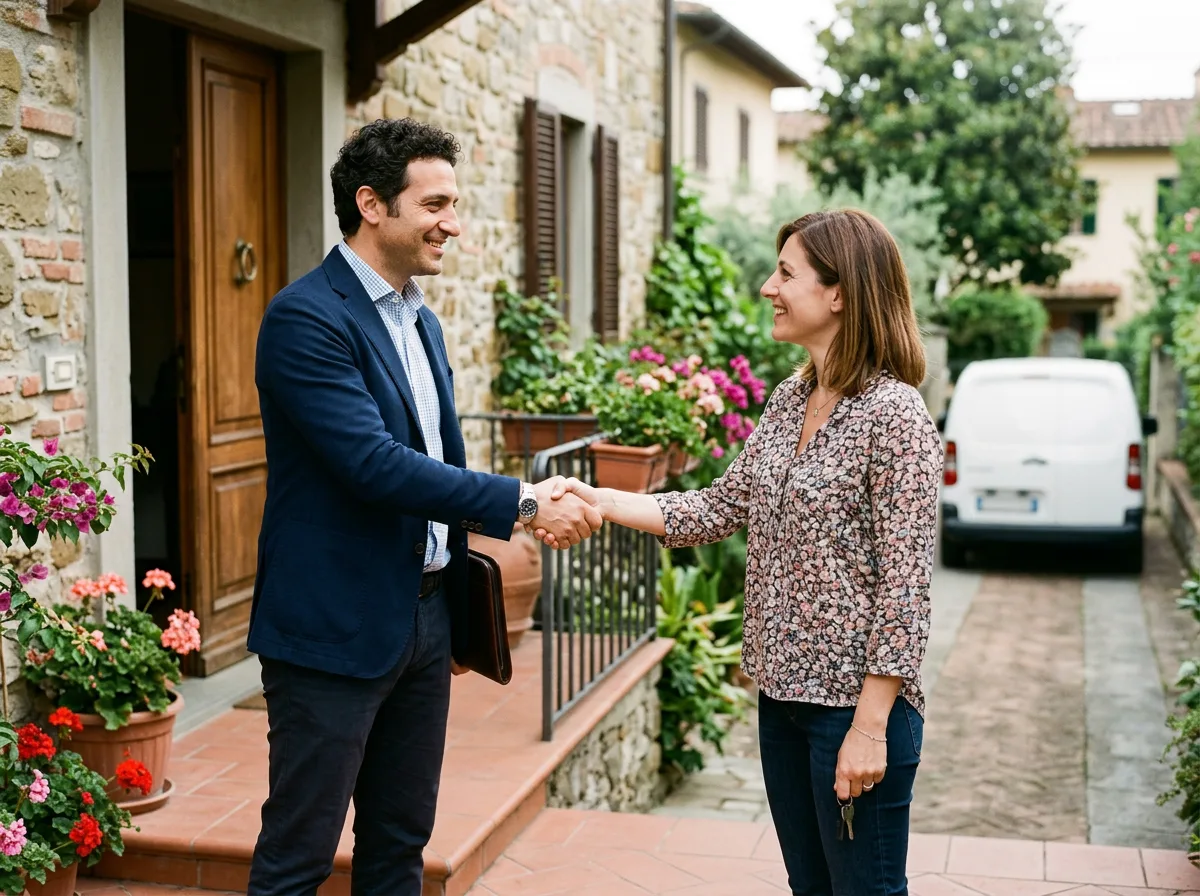 Stretta di mano tra consulente e cliente sulla soglia di una villetta, con un furgone da lavoro sfocato sullo sfondo, alla luce naturale del mattino