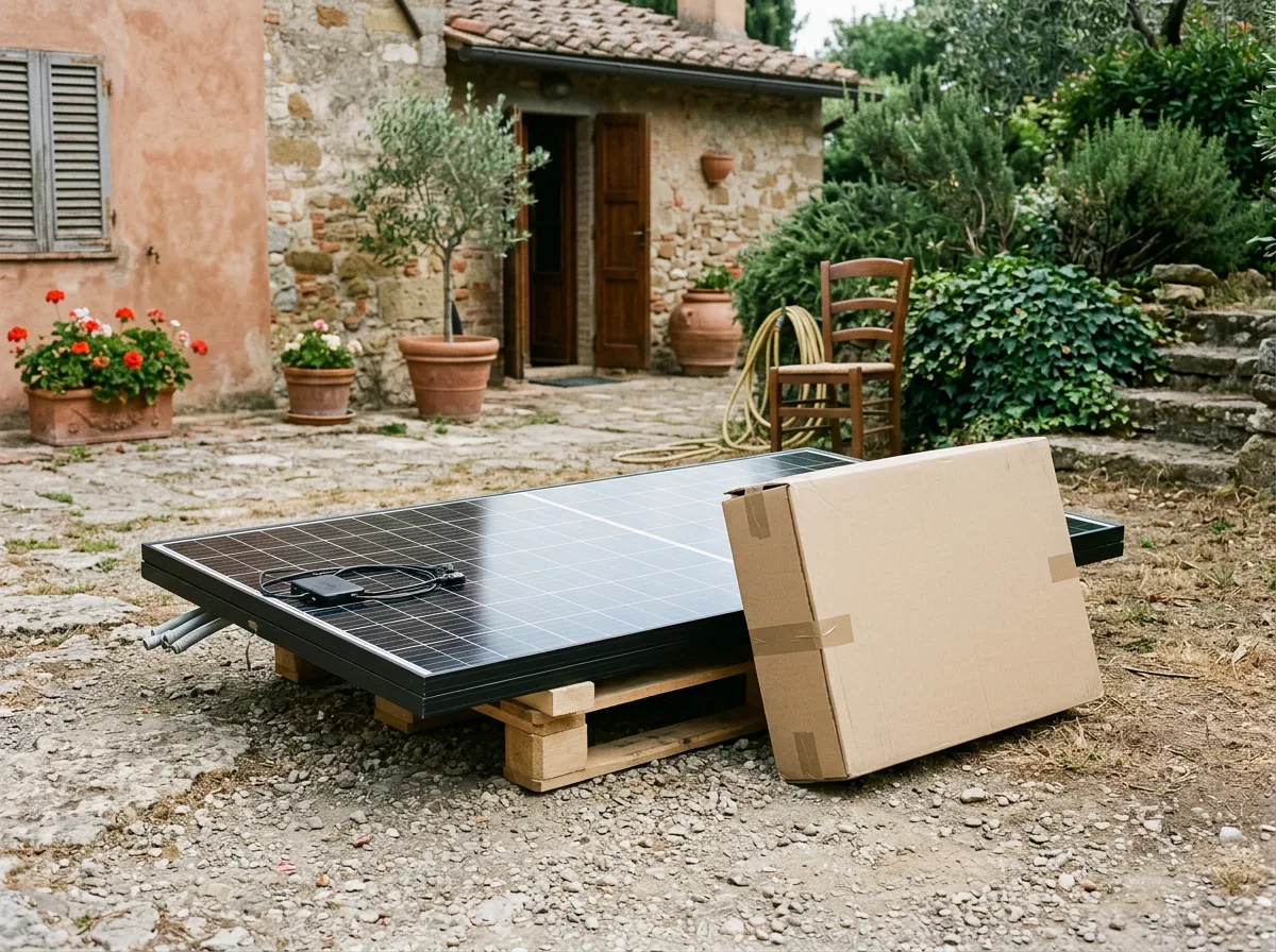 dettaglio di pannello fotovoltaico e inverter appoggiati a terra prima dell'installazione, imballaggi neutri, cortile di casa italiana