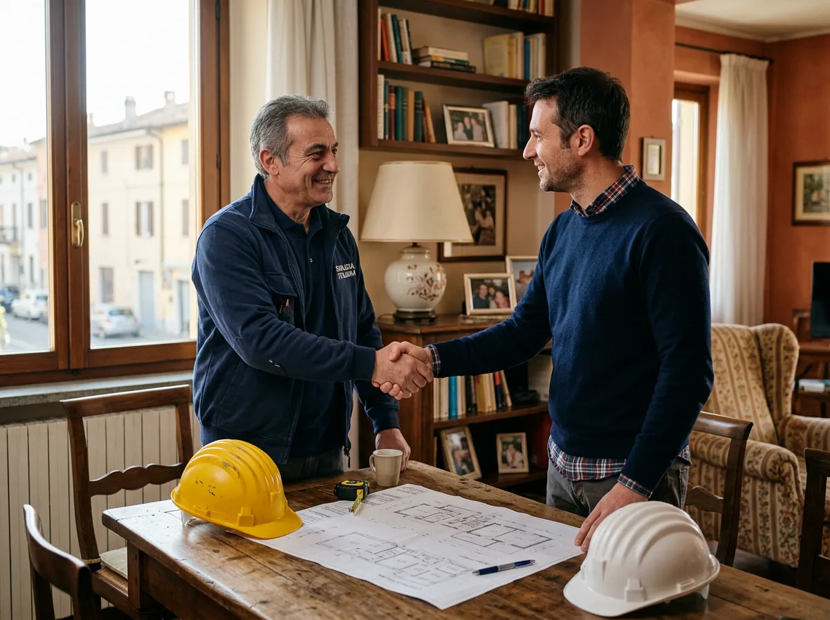 Stretta di mano tra un cliente e il tecnico di un'impresa edile nel soggiorno di una casa italiana, con elmetti e planimetria appoggiati sul tavolo