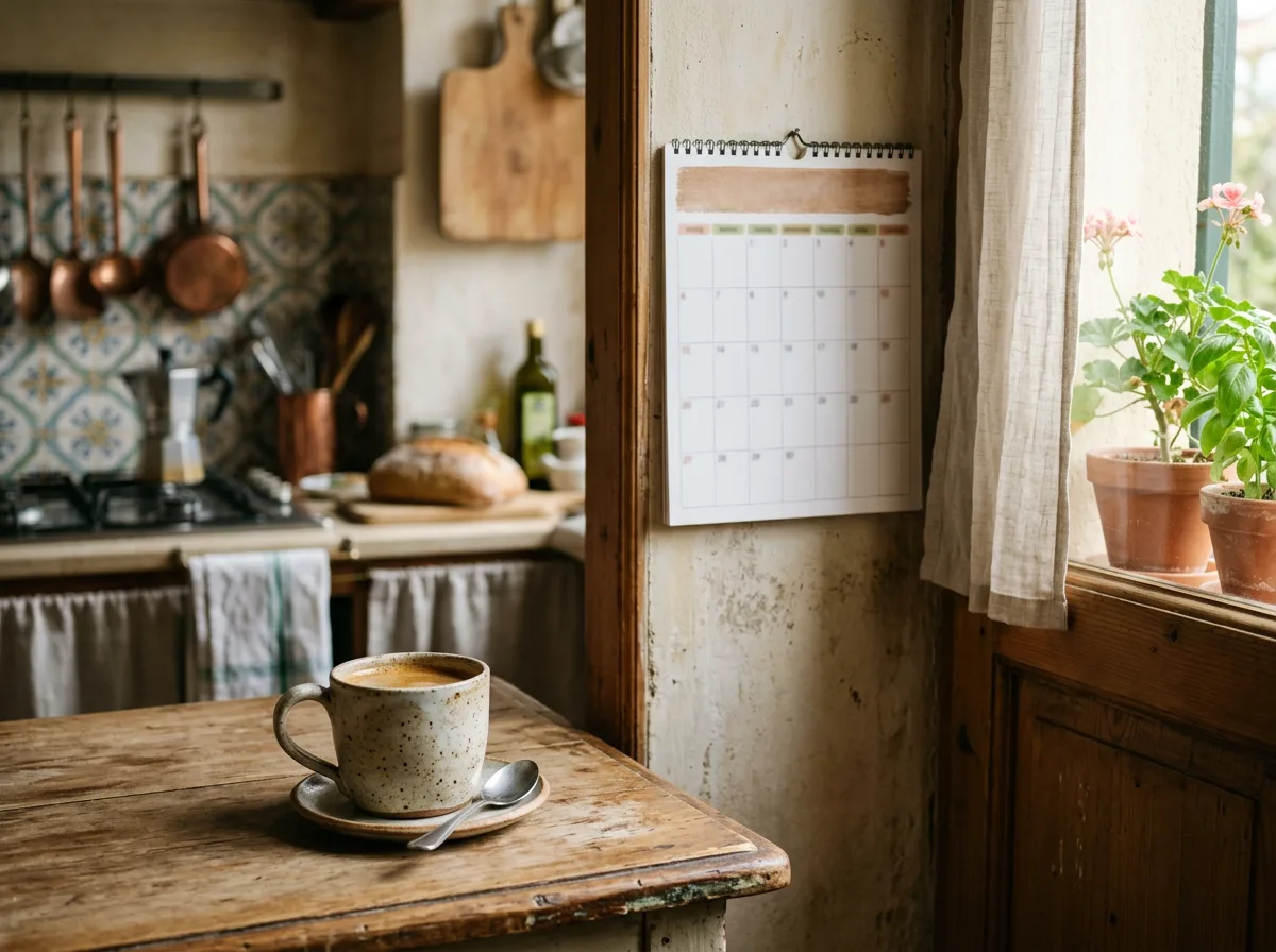 Calendario da parete in una cucina italiana con una tazza di caffè in primo piano e luce primaverile dalla finestra: il momento giusto per programmare l'installazione