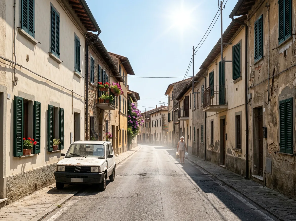 Strada residenziale italiana in piena estate, con sole accecante, aria che trema dal caldo sull'asfalto e persiane chiuse alle finestre