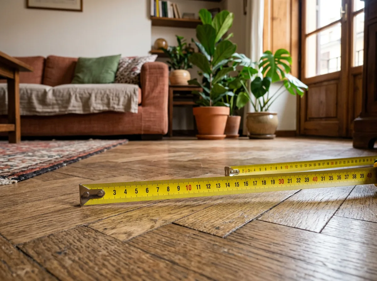 Metro a nastro sul pavimento in parquet di un soggiorno per calcolare i metri quadri e quanti BTU servono al condizionatore