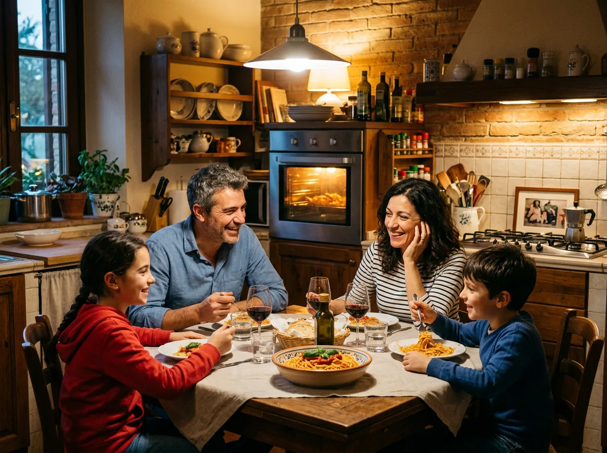 Famiglia di quattro persone a cena in una cucina italiana con forno e luci accese: i consumi quotidiani sono la base per dimensionare l'impianto fotovoltaico