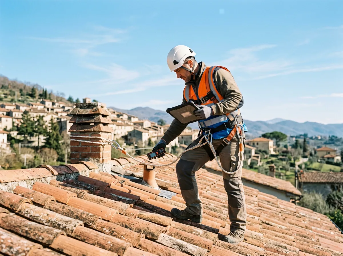 Tecnico con metro laser e tablet durante il sopralluogo su un tetto residenziale in tegole rosse, con casco e imbracatura di sicurezza