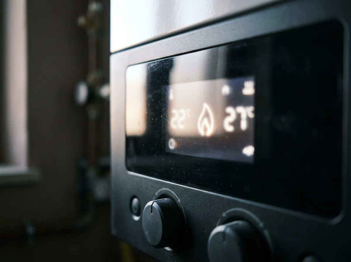 Dettaglio macro del display digitale di una caldaia a condensazione moderna, con le icone di fiamma e temperatura illuminate su sfondo neutro