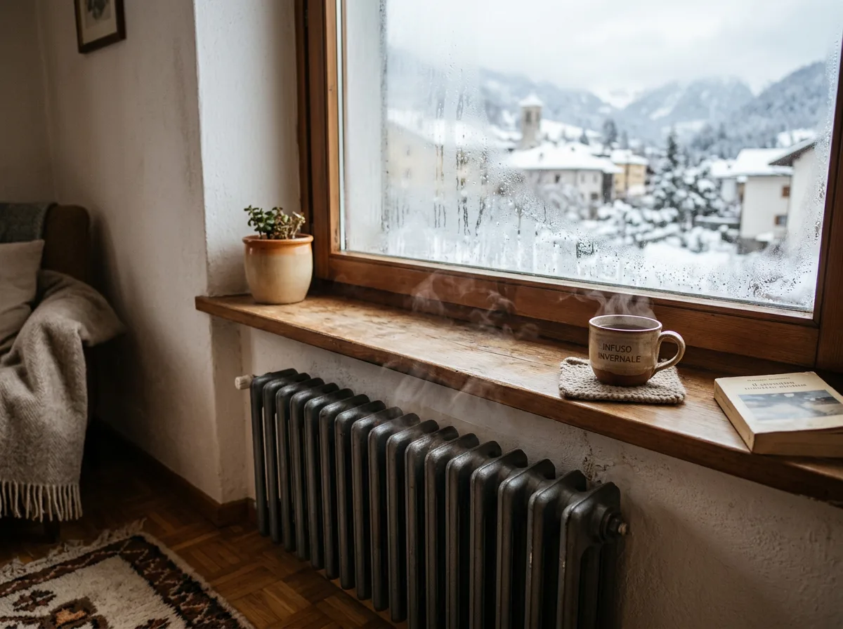 Interno domestico invernale con un radiatore acceso sotto la finestra, condensa sul vetro e paesaggio innevato sullo sfondo