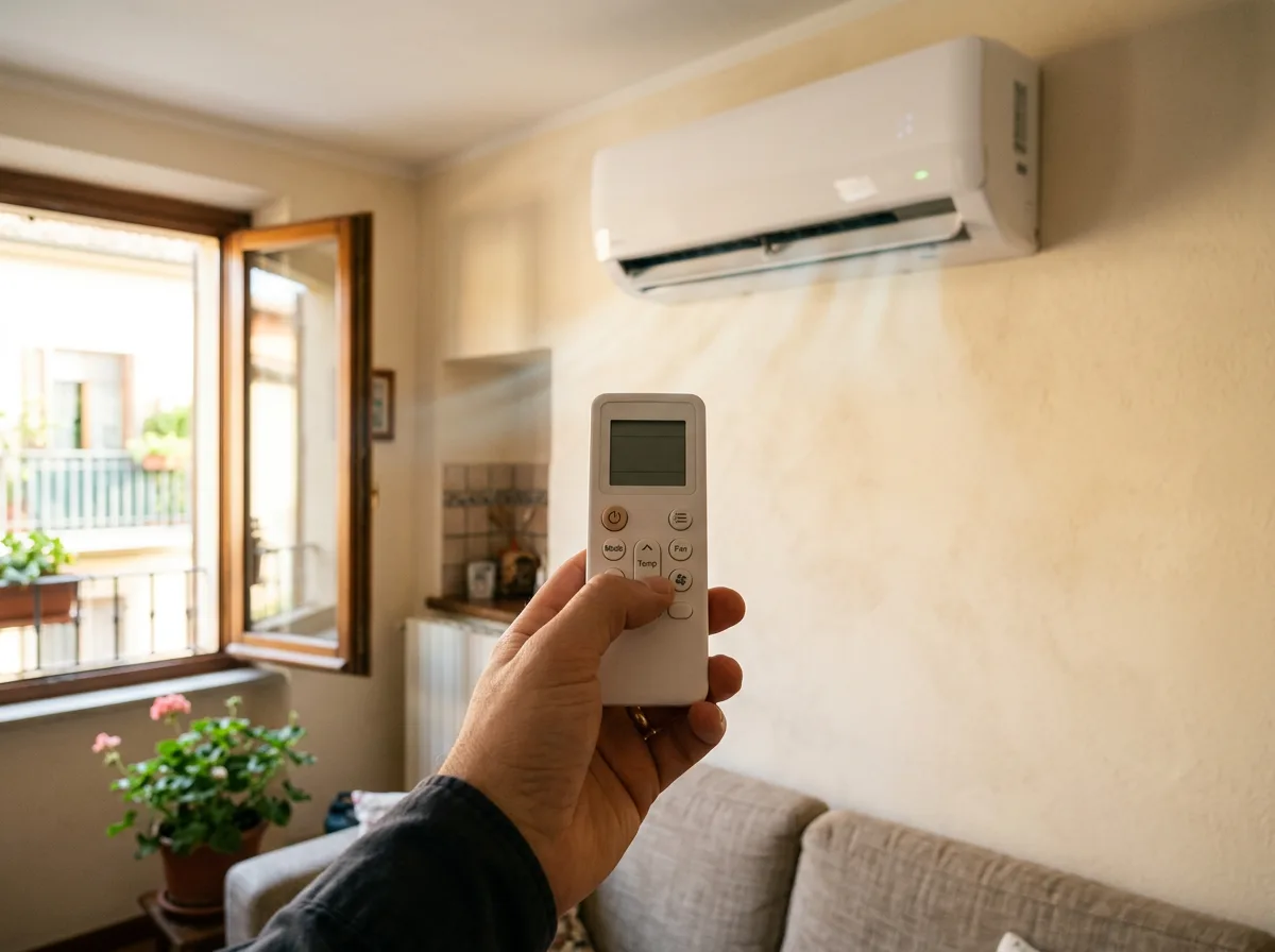Telecomando di un climatizzatore tenuto in mano davanti a uno split a parete acceso nel soggiorno di una casa italiana