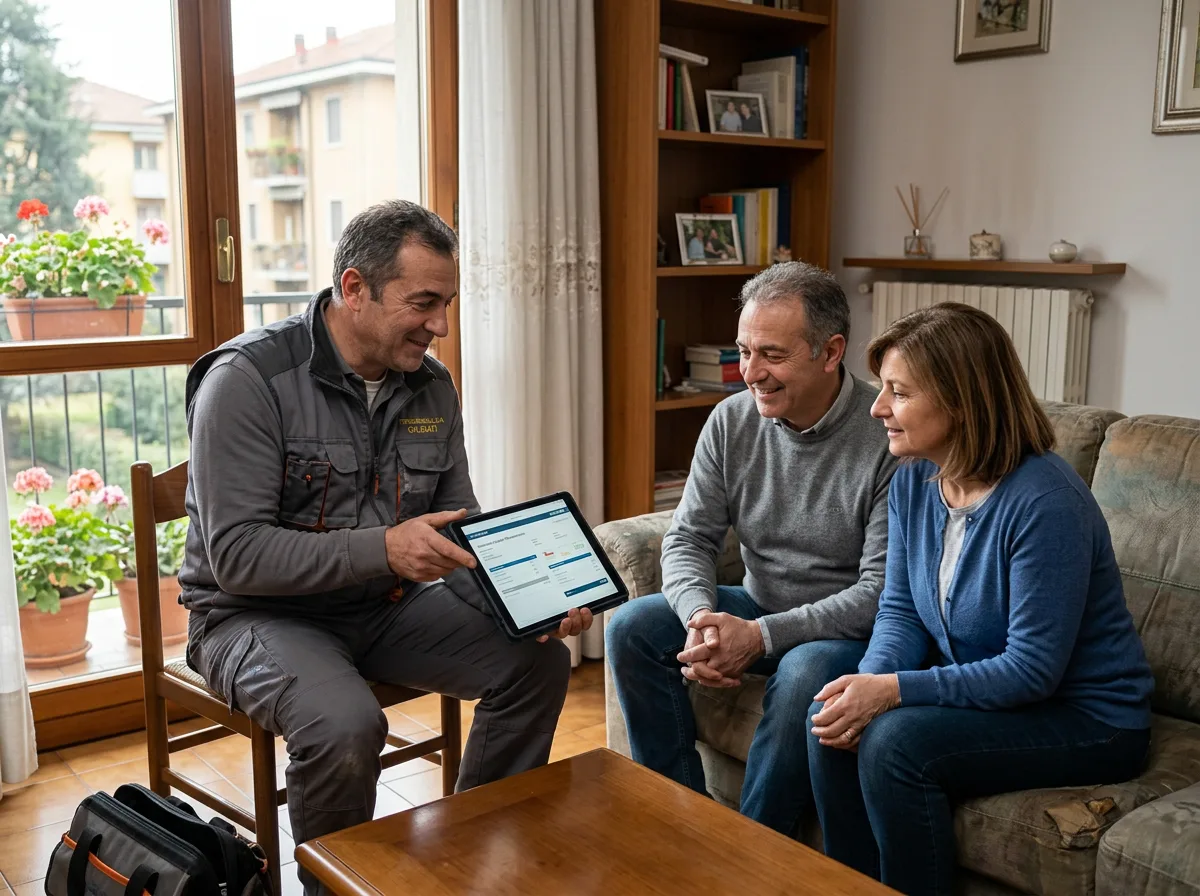 Installatore mostra a una coppia il preventivo chiavi in mano di una pompa di calore su tablet in una casa lombarda