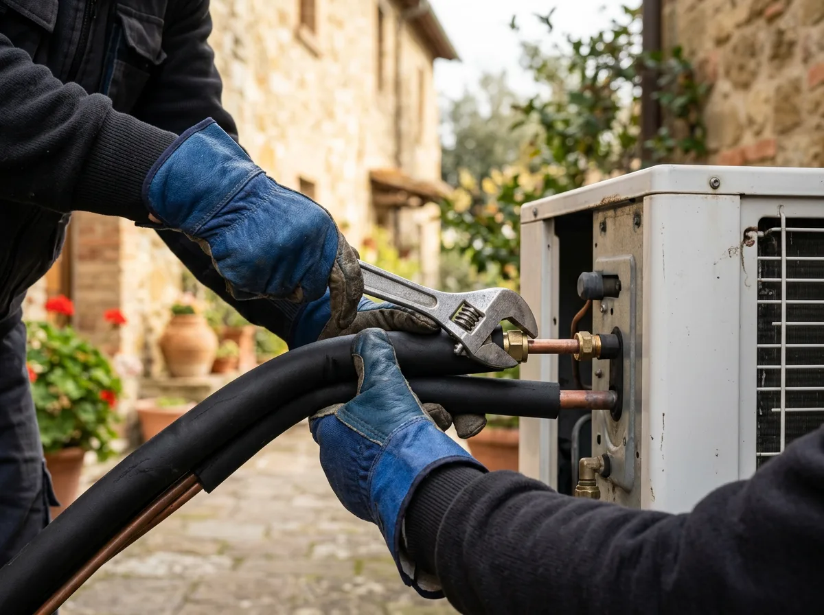 Mani di un installatore che collega le tubazioni coibentate di una pompa di calore aria-acqua durante l'installazione