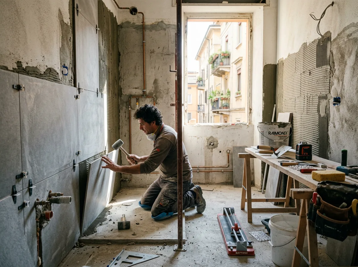 Piastrellista posa gres porcellanato grande formato durante una ristrutturazione bagno: la manodopera incide per il 40-50% sul costo totale